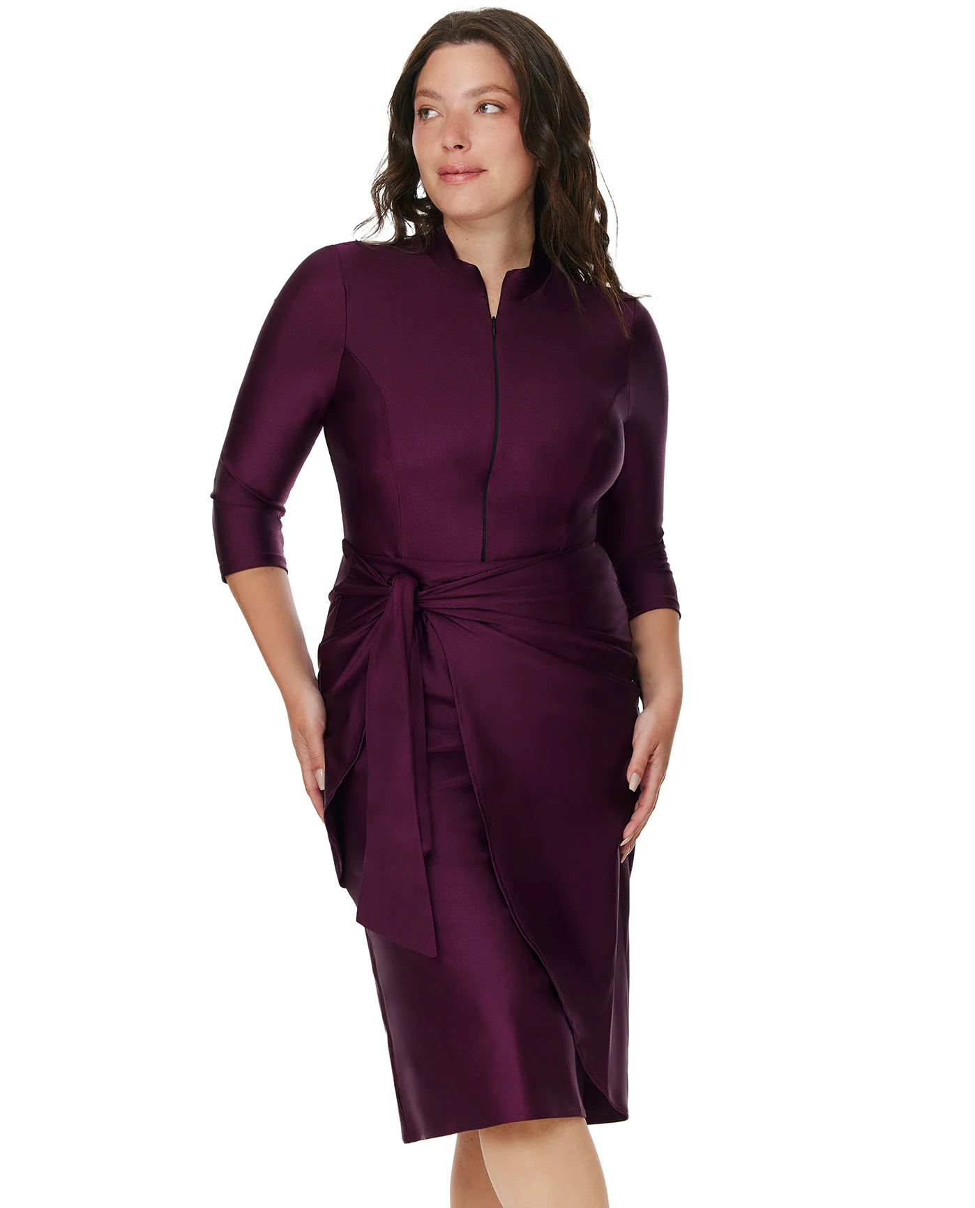 Modest Faux Wrap Skirt with Tie-Burgundy - Image 8