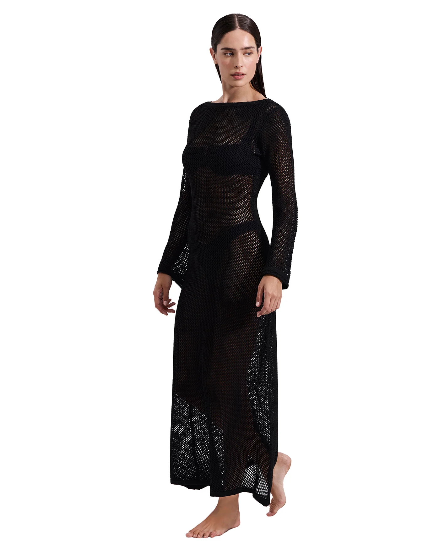 Monaco Net Crochet Maxi Beach Dress Cover-Up-Black - Image 3