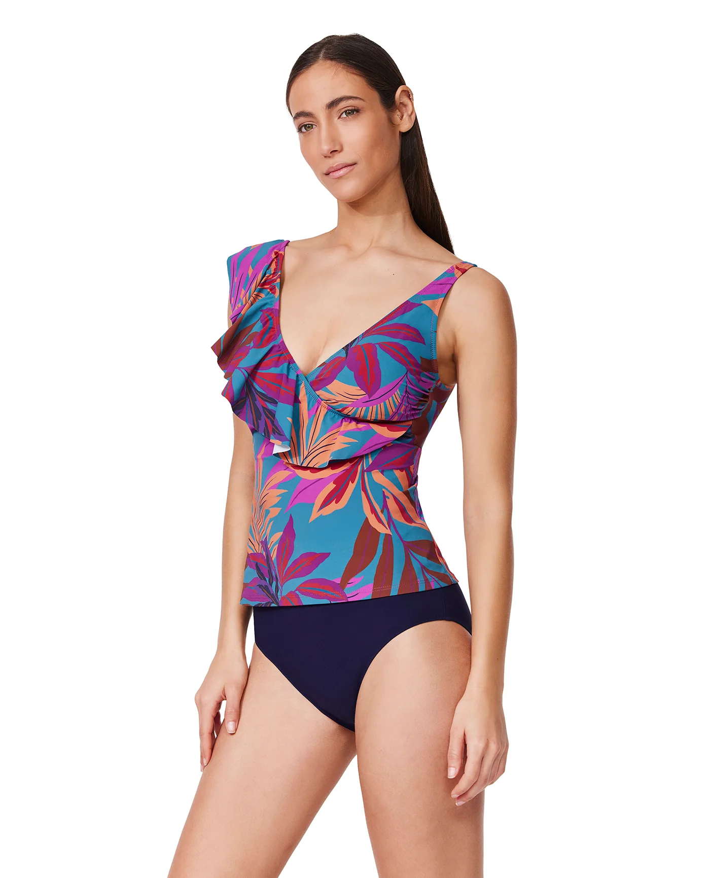 Plantopia Ruffle V Neck Surplice Tankini -Multi teal - Image 3