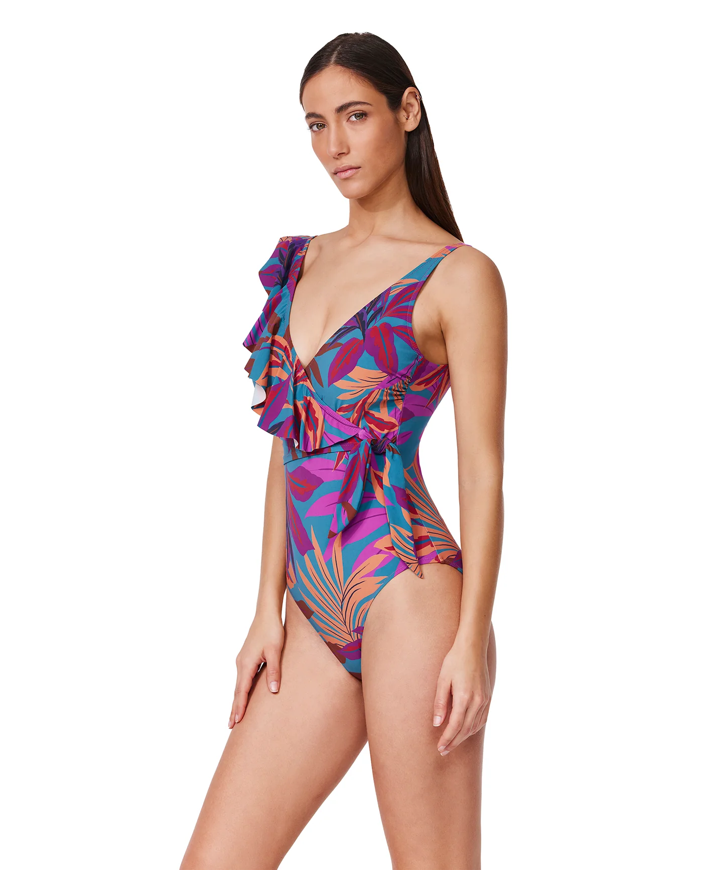 Plantopia V-Neck Surplice Ruffle One Piece -Multi teal - Image 3
