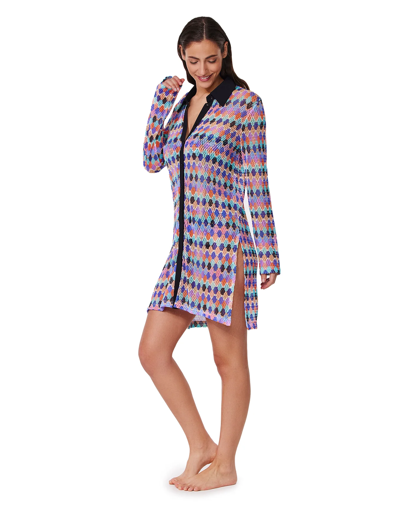 Retro Riviera Netted Crochet Buttoned Tunic Cover-Up - Image 7