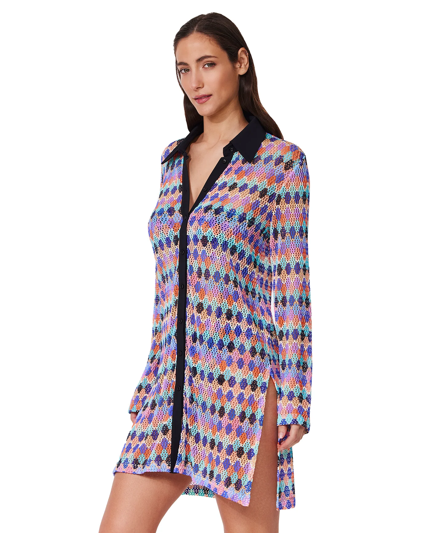 Retro Riviera Netted Crochet Buttoned Tunic Cover-Up - Image 8