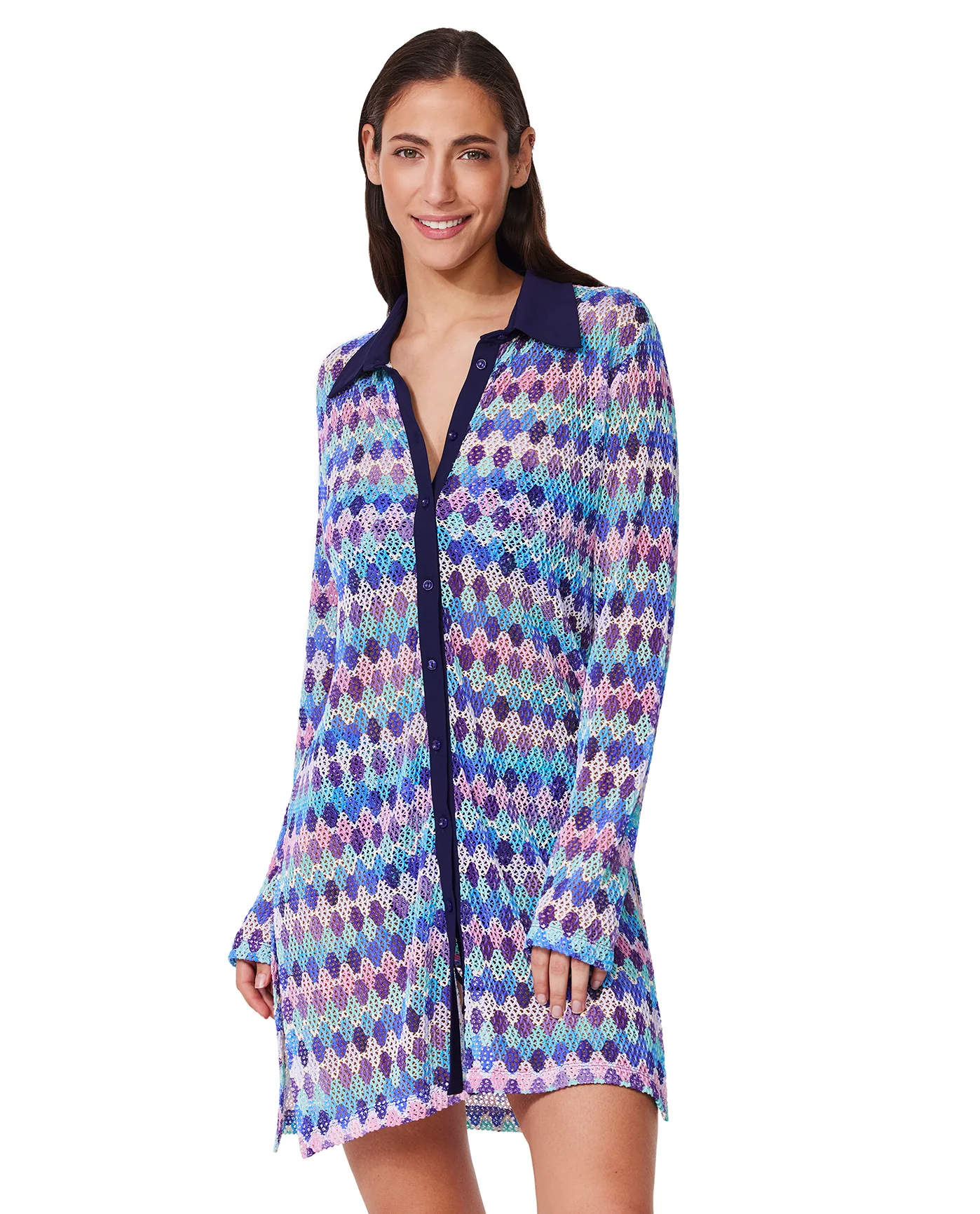 Retro Riviera Netted Crochet Buttoned Tunic Cover-Up - Image 4