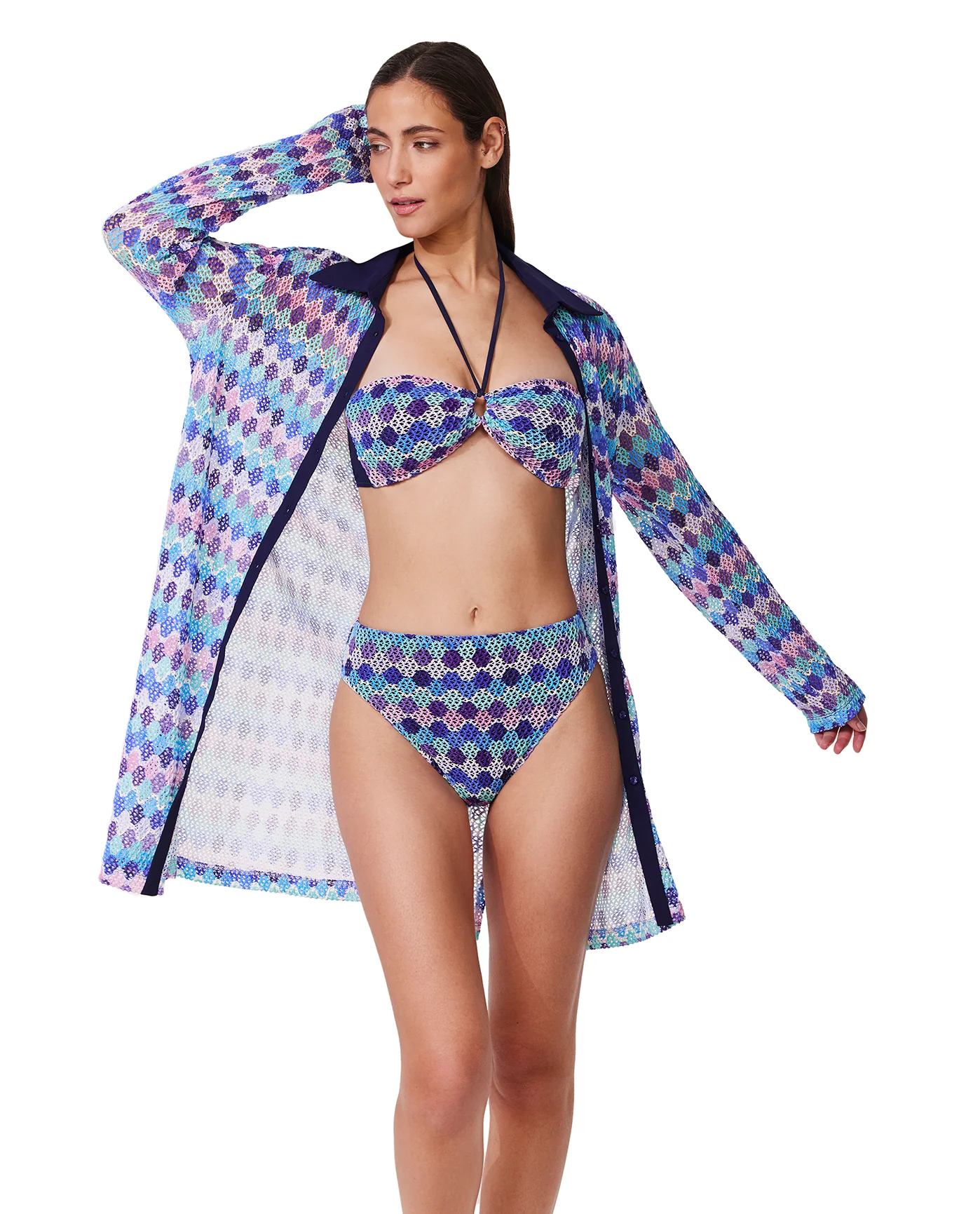 Retro Riviera Netted Crochet Buttoned Tunic Cover-Up - Image 6