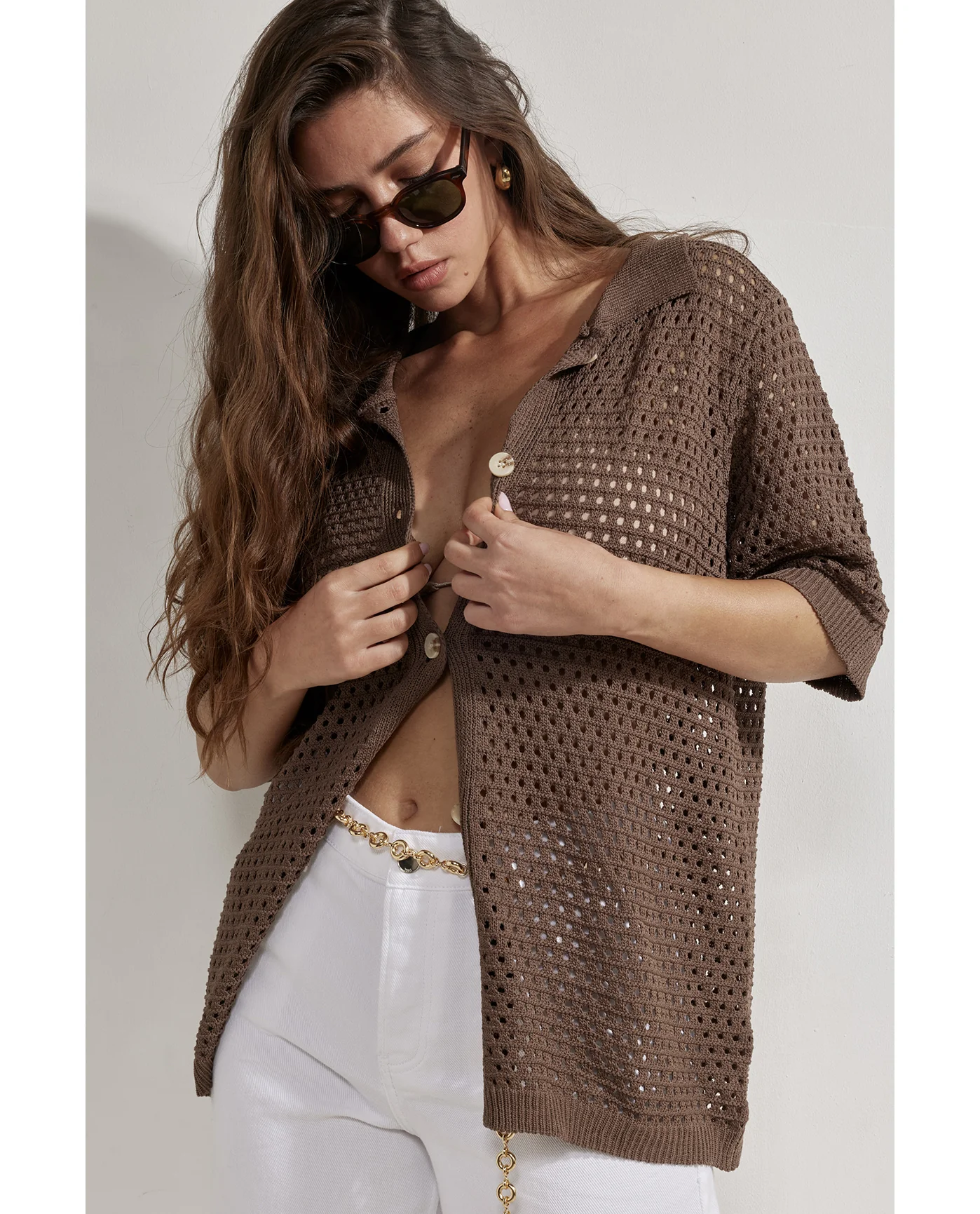 Robbie Crochet Collared Beach Top-Brown - Image 4