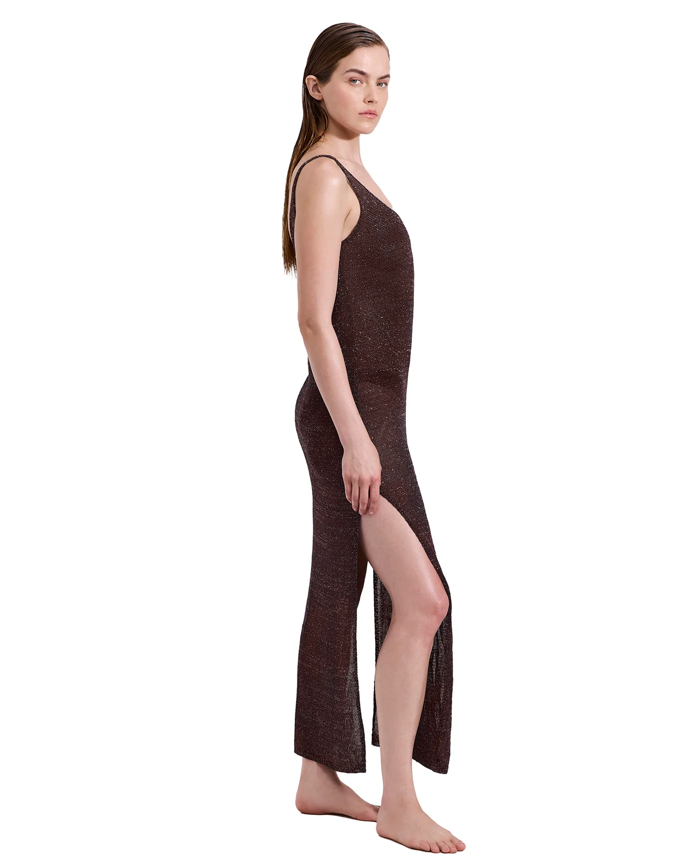Solar Shimmer Knit Dress Cover-Up-Brown/silv - Image 3