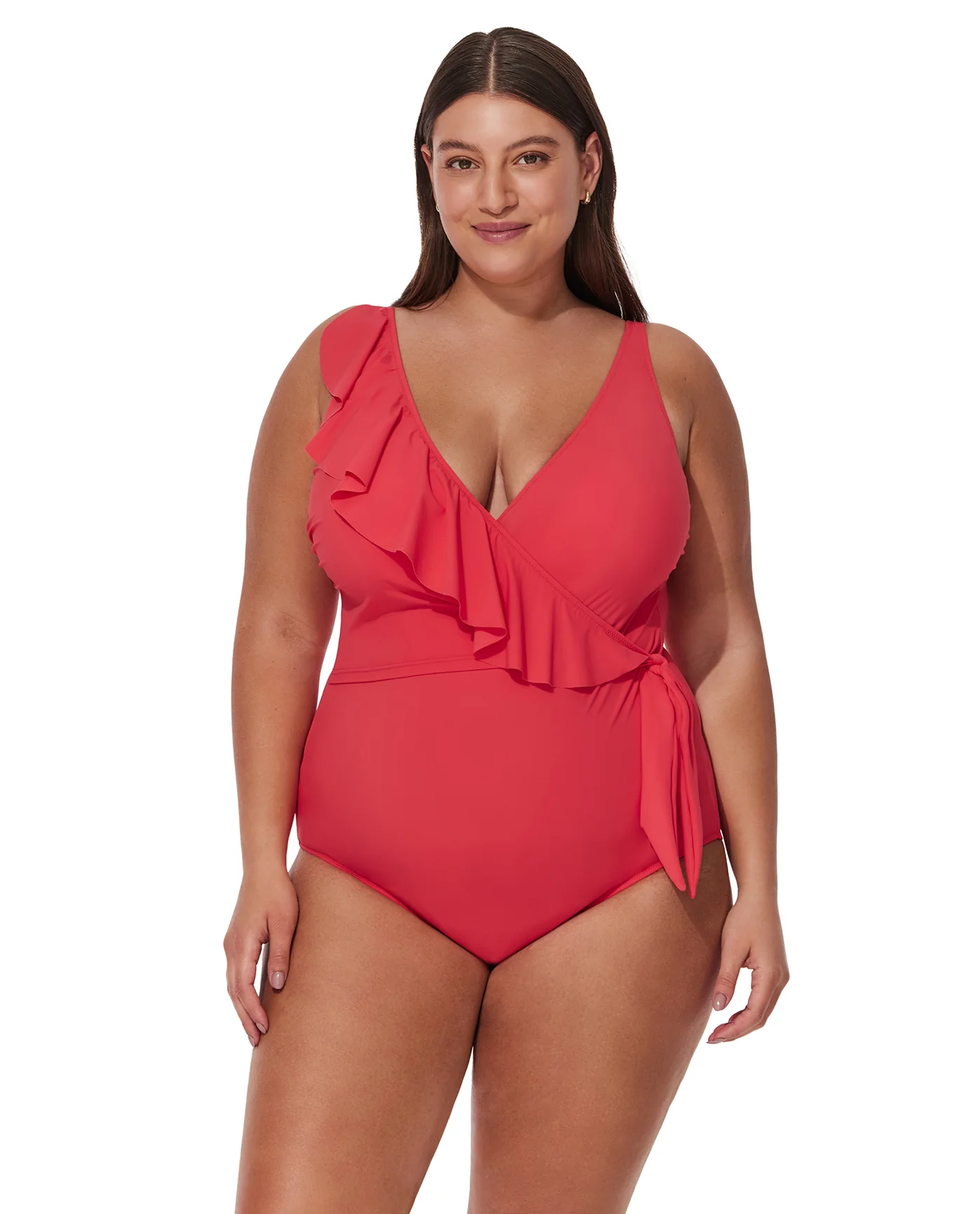 Tutti Frutti Plus Size Ruffle Surplice One Piece-Coral
