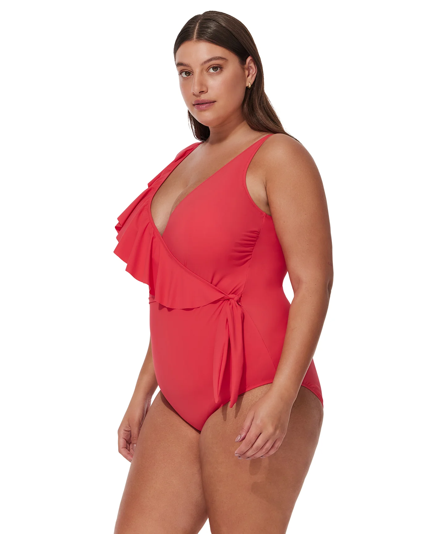 Tutti Frutti Plus Size Ruffle Surplice One Piece-Coral - Image 3