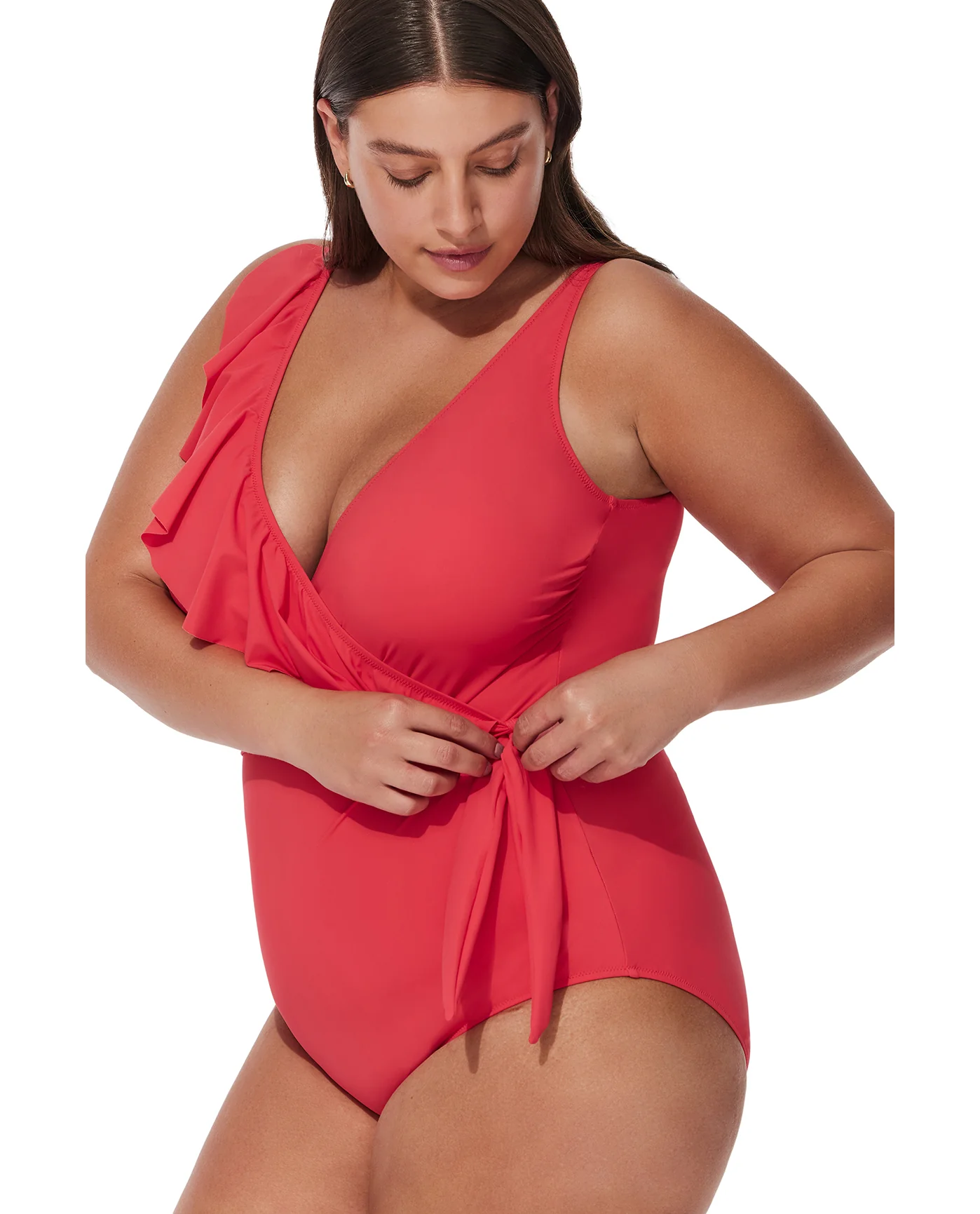 Tutti Frutti Plus Size Ruffle Surplice One Piece-Coral - Image 4