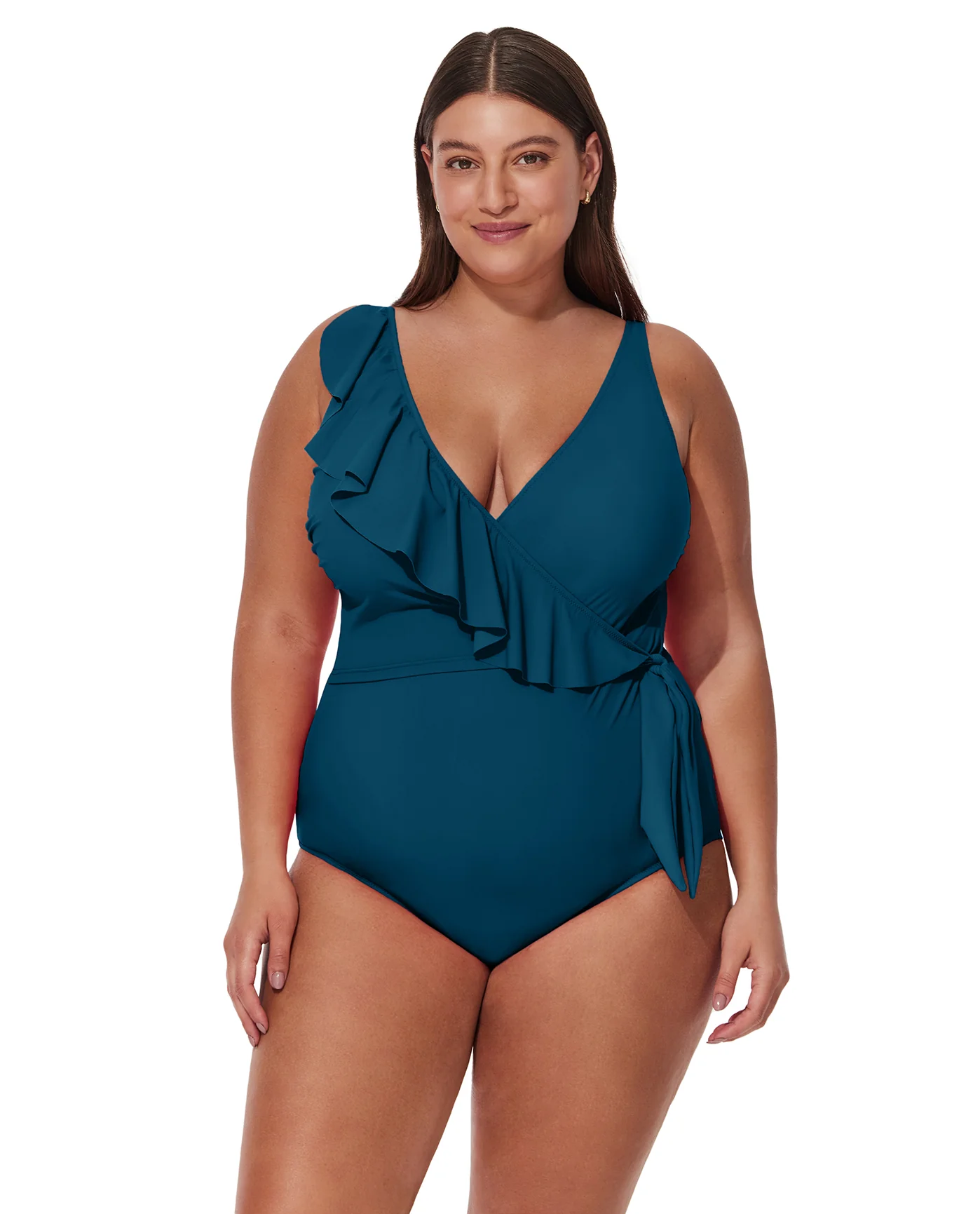 Tutti Frutti Plus Size Ruffle Surplice One Piece-Petrol