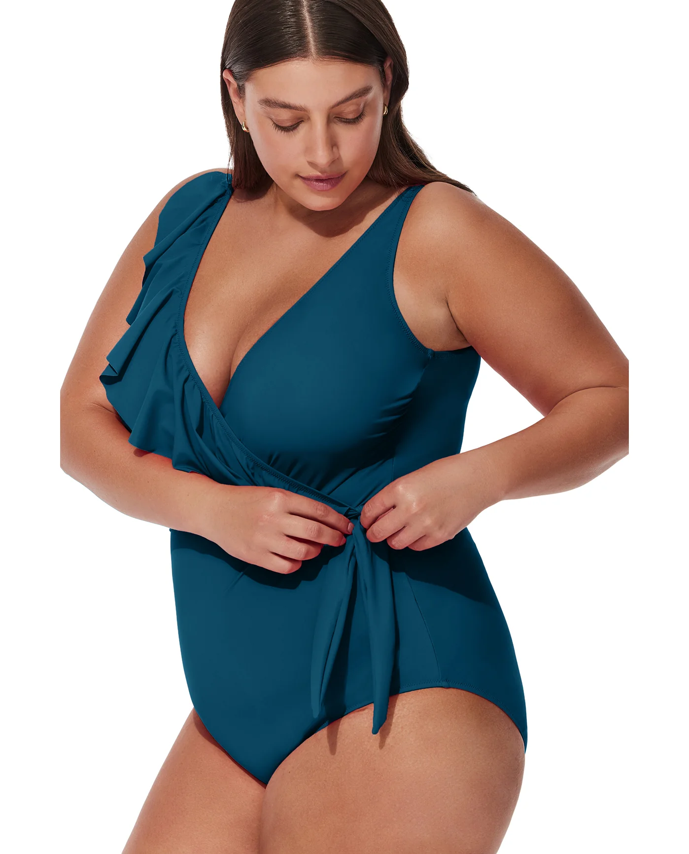 Tutti Frutti Plus Size Ruffle Surplice One Piece-Petrol - Image 3