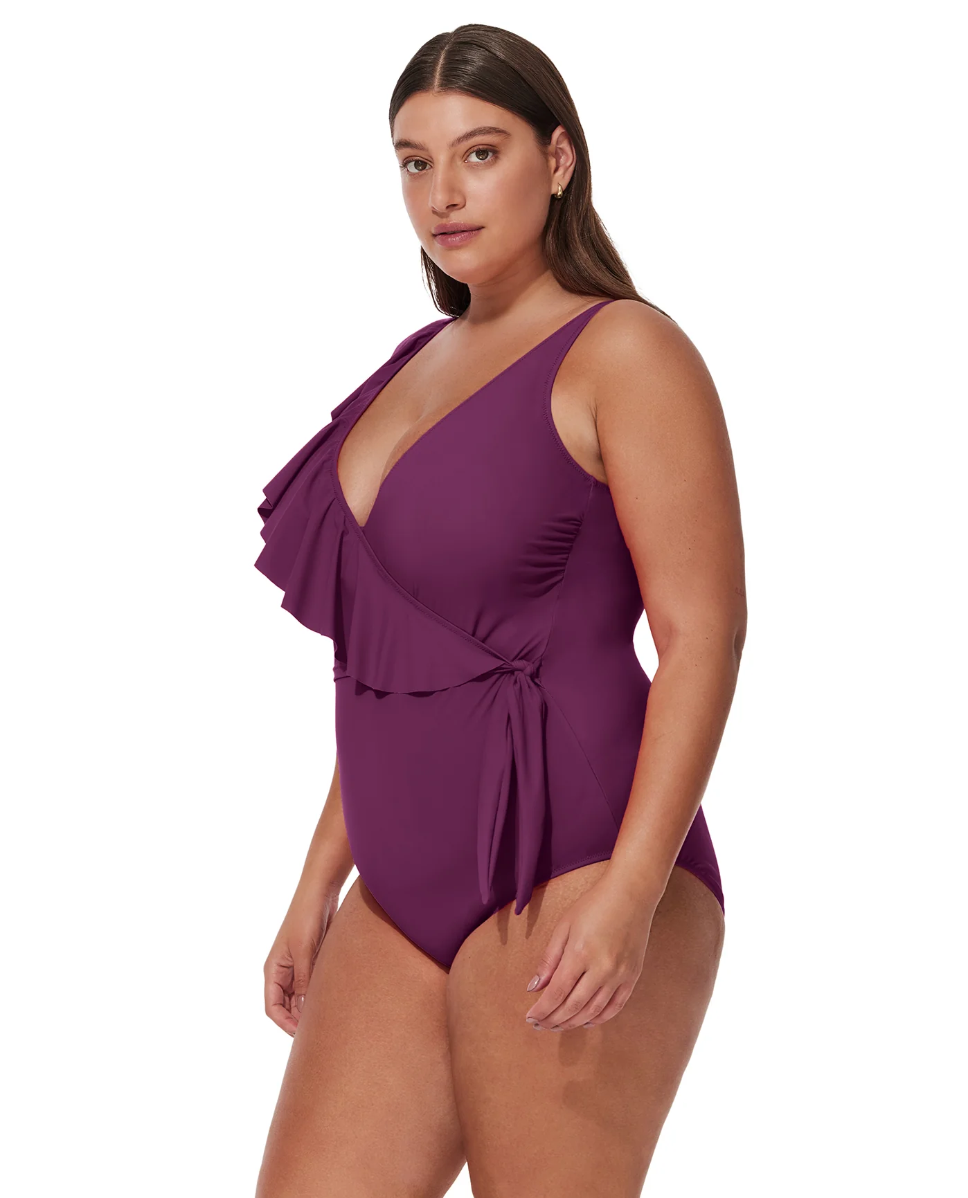 Tutti Frutti  Plus Size Ruffle Surplice One Piece-Wine - Image 3