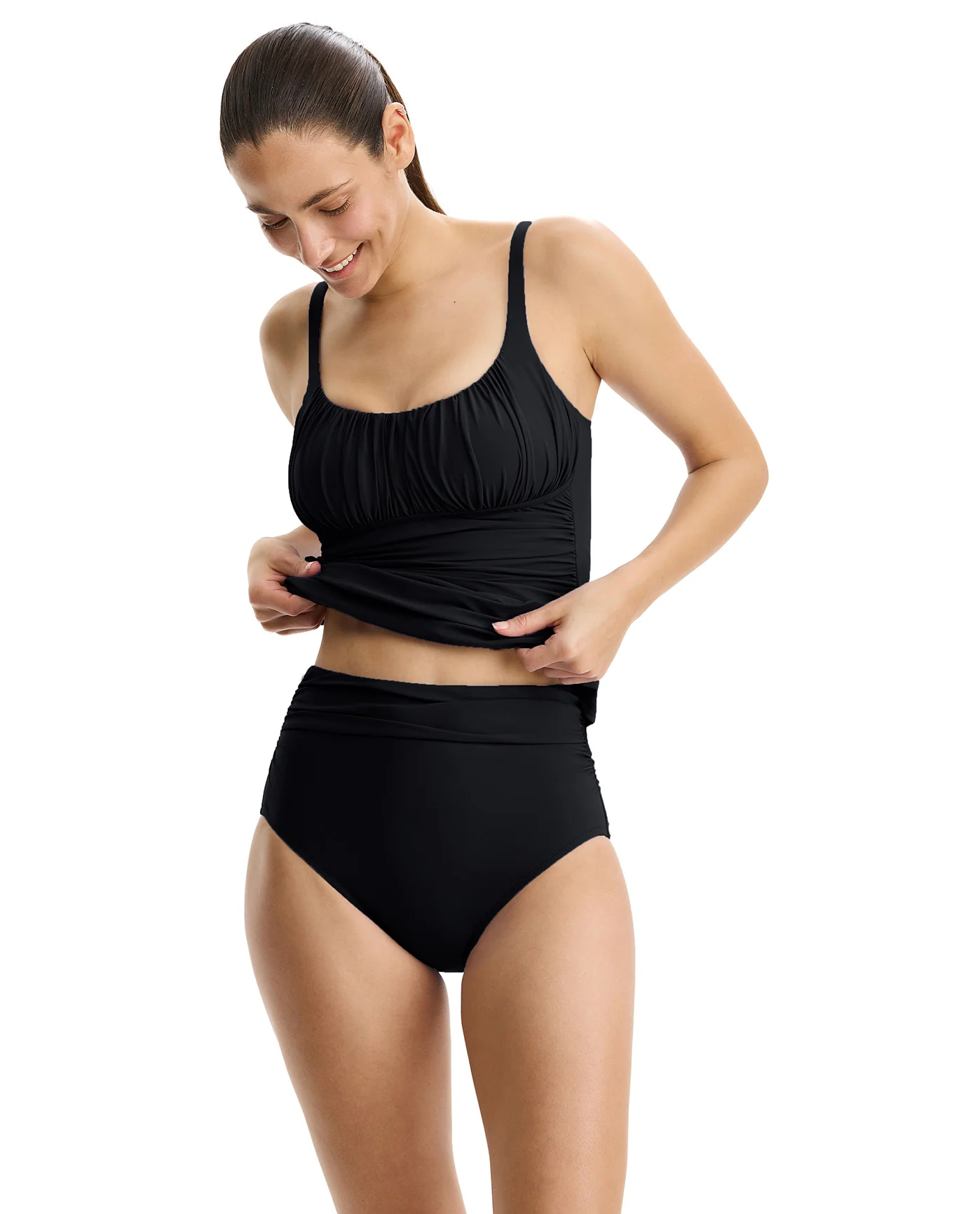 Tutti Frutti Shirred Peasant Tankini Top -Black - Image 4