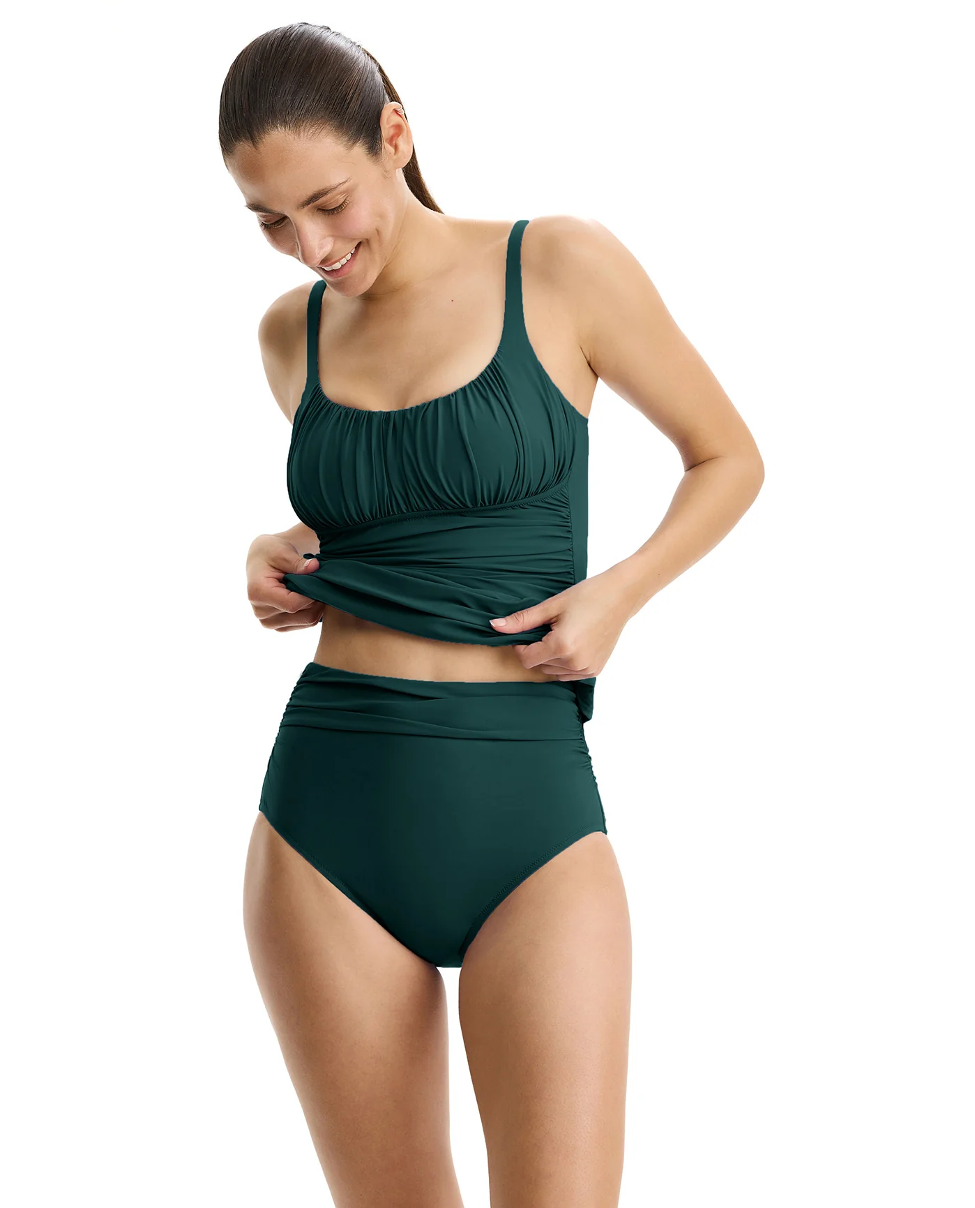 Tutti Frutti Shirred Peasant Tankini Top-Forest Green - Image 4