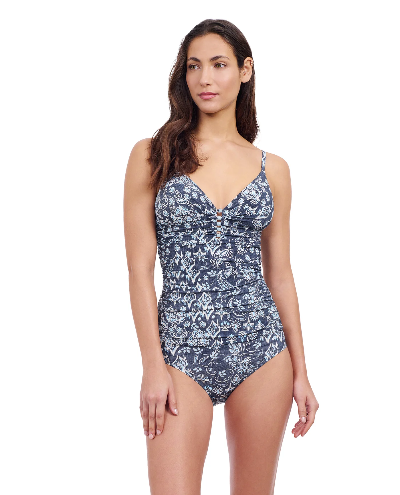 Flores V-Neck Shirred Tankini Top - Image 2