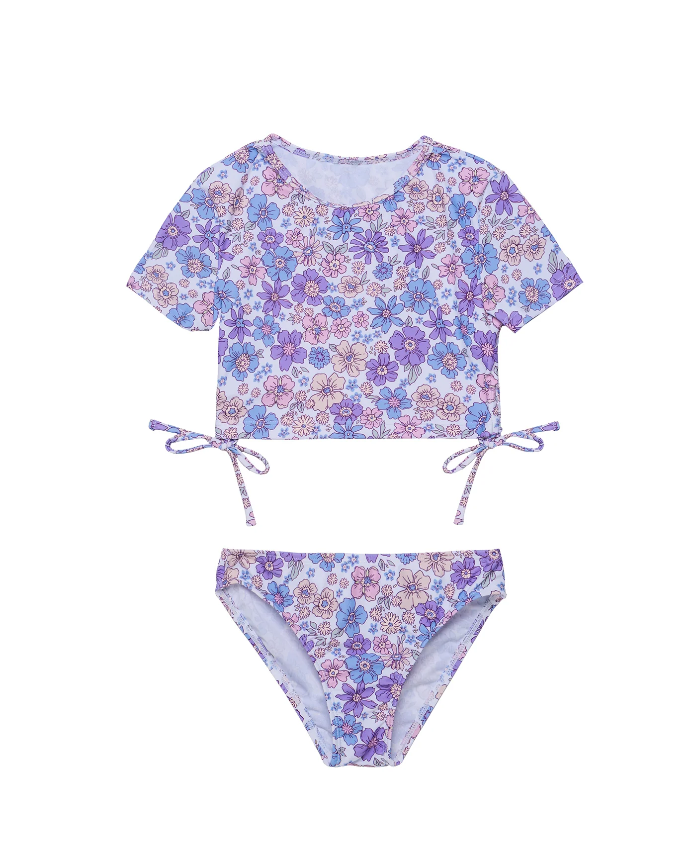 Vintage Flower Short Sleeve Side Tie Swim Set-Multi/viol