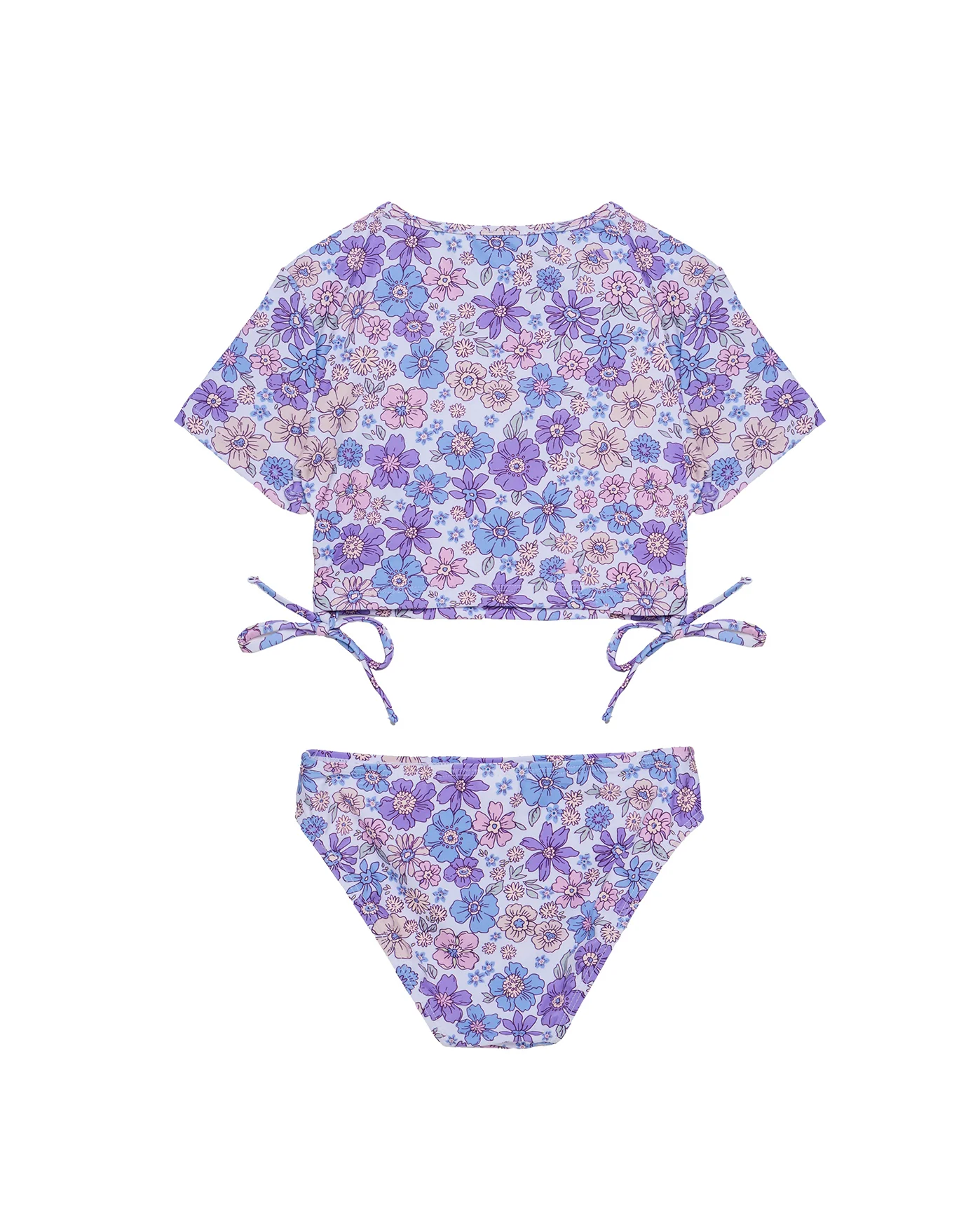 Vintage Flower Short Sleeve Side Tie Swim Set-Multi/viol - Image 2